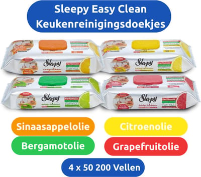 Sleepy Easy Clean Keukenreinigingsdoekjes met Grapefruitolie – Citroenolie - Sinaasappelolie - Bergamotolie 4 x 50 (200 Vellen)
