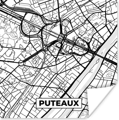 Poster Kaart - Puteaux - Plattegrond - Frankrijk - Stadskaart - Zwart wit - 100x100 cm XXL