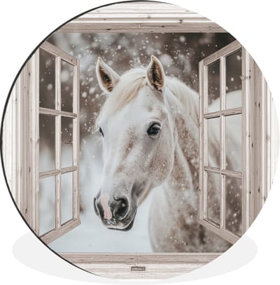 WallCircle - Wandcirkel - Muurcirkel - Paard - Wit - Winter - Sneeuw - Doorkijk - Dieren - Aluminium - Dibond - 30x30 cm - Binnen en Buiten