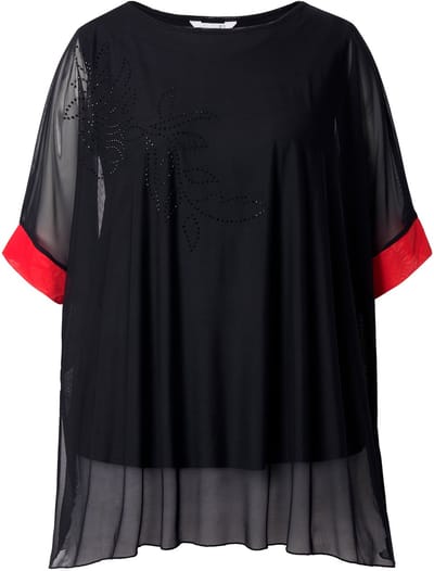 MIAMODA - Dames - Mesh blouse oversized siersteentjes ondoorzichtige top - Zwart - Maat 46+