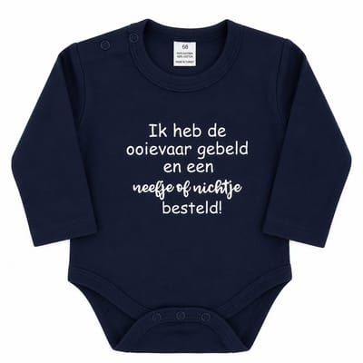 romper baby tekst zwangerschaps aankondiging ik heb de ooievaar gebeld en een nichtje of neefje besteld blauw lange mouw maat jongen of meisje maat 50-56