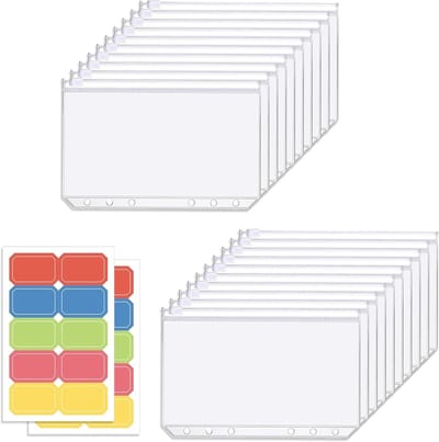 A5 Binder Pockets met Rits, 20 Stuks, 6 Gaten Ringmappen en 30 Labels - Plastic Opberghoezen voor A5 Notitieboek en Planner