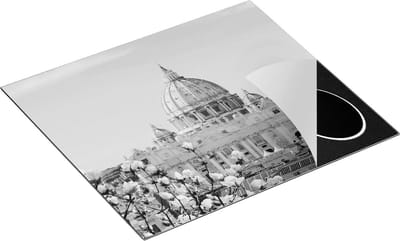 Chefcare Inductie Beschermer Sint Pietersbasiliek in Rome met Bloemen - Zwart Wit - 60x50 cm - Afdekplaat Inductie - Kookplaat Beschermer - Inductie Mat