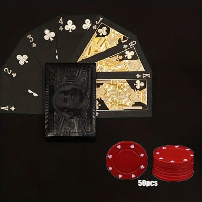 1 jeu de cartes et 50 pièces d'accessoires de jeu ronds, cartes à jouer en plastique à motif de dollar bicolore, cartes à jouer en plastique imperméables pour animaux de compagnie noir