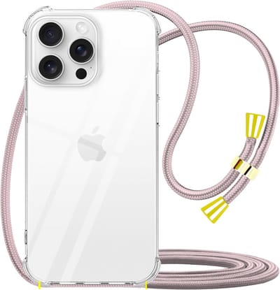 Hoesje met Koord geschikt voor iPhone 13 Pro Transparant - Doorzichtig Roze Shockproof Koord hoesje geschikt voor iPhone 13 Pro - Hoesje met touw - roze touw