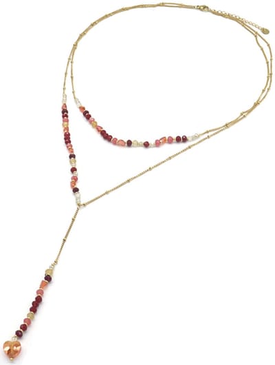 Ketting met Steentjes - RVS - Lengte 39-44 cm - Goudkleurig en Rood