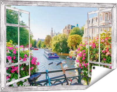 Gards Tuinposter Doorkijk Amsterdamse Kanaal met Bloemen - 90x60 cm - Tuindoek - Tuindecoratie - Wanddecoratie buiten - Tuinschilderij