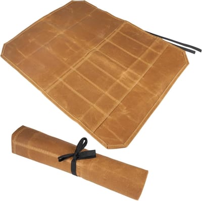 Draagbare messenrol met 7 vakken van canvas voor kamperen, wandelen en outdoor activiteiten, duurzaam en eenvoudig schoon te maken (kleur khaki)