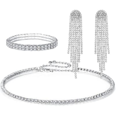 Luxe Eenvoudige Strass Ketting Lange Oorbellen met Franjes Armband Drie Delige Bruids Sieraden Jurk Accessoires
