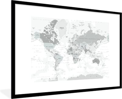 Poster in lijst - Fotolijst 90x60 cm - Posters - Wereldkaart - Wit - Grijs - Aarde - Posterlijst zwart - Decoratie - Wanddecoratie woonkamer - Muurdecoratie slaapkamer
