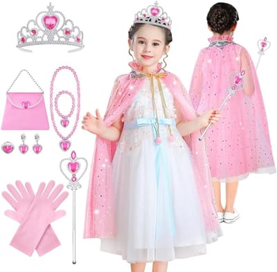 11-delige Prinsessen Cape Set voor Kinderen met Kroon, Toverstaf, Sieraden, Handschoenen en Tas - Kleurrijke Sequins voor Carnaval en Cosplay