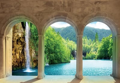 Fotobehang Tropical Waterfall Through The Arches | XL - 208cm x 146cm | 130g/m2 Vlies