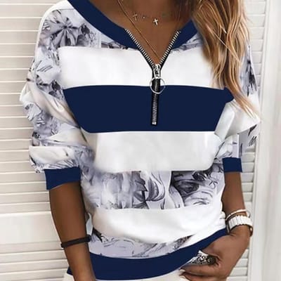 V-hals Lange Mouwen Pullover Dames Gedrukt Gestreept Lente Herfst T-shirt Dagelijks Casual Losse Top Kleding XXXL blauw