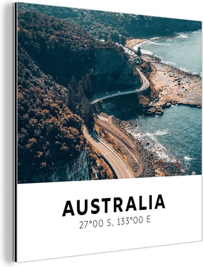 Wanddecoratie Metaal - Aluminium Schilderij Industrieel - Australië - Zee - Wegen - 90x90 cm - Dibond - Foto op aluminium - Industriële muurdecoratie - Voor de woonkamer/slaapkamer