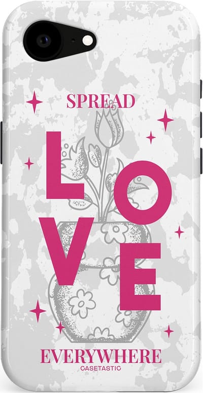 Casetastic hoesje geschikt voor Apple iPhone 16e / Apple iPhone 17e - MagSafe - Dubbellaagse bescherming - Spread Love Everywhere - Grijs Roze - Valentijn - Valentine - Fashion Case - Lichtgrijs Wit Roze