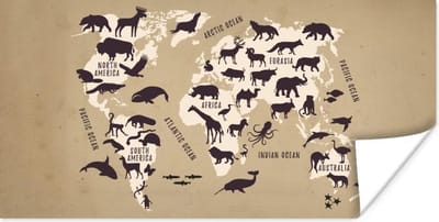 Wereldkaarten - Wereldkaart - Dieren - Schaduw - 160x80 cm
