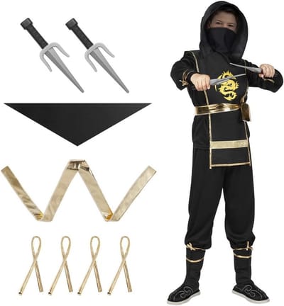 Zwarte Ninja Kostuums voor Kinderen met Deluxe Schuim Accessoires Set voor Halloween, Speelgoed voor Jongens en Meisjes