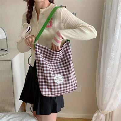 Mode Katoenen Stof Schoudertas voor Dames Eenvoudig Ruitpatroon Grote Casual Capaciteit Shopper Tote Tassen gray