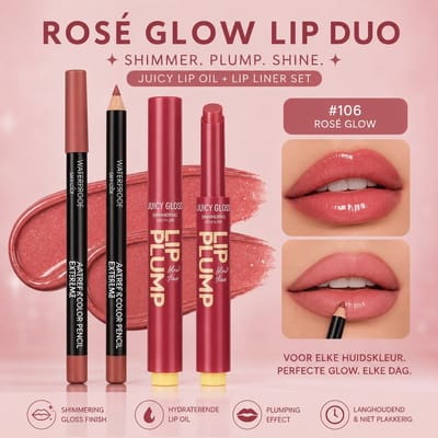 Lip Oil + Lip Liner Set – Rose Nude | Shimmer Lip Gloss | Lip Plumper | Hydraterend | Glass Lips Effect | Langhoudende Shine + Gratis lipmasker