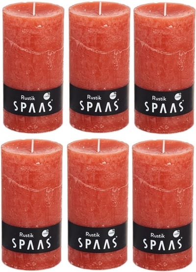 Spaas rustieke cilinderkaars/stompkaars - 6x - oranje - 7 x 13 cm - 60 branduren