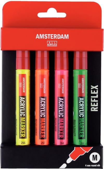 Markers M set 4 reflex kleuren 4 mm (reflexgeel, reflexoranje, reflexrose, reflexgroen)