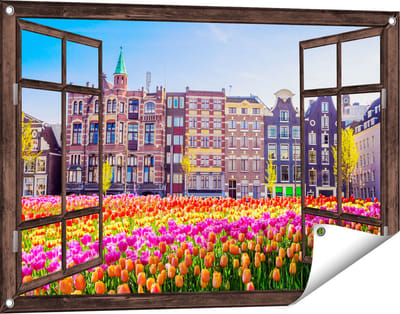 Gards Tuinposter Doorkijk Amsterdamse Huisjes met Tulpen - Kleur - 90x60 cm - Tuindoek - Tuindecoratie - Wanddecoratie buiten - Tuinschilderij