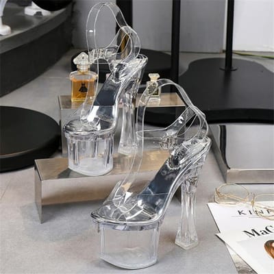 Dames Zomer 18cm Hoge Hakken 8cm Plateau Sandalen Dame Transparant Extreem Blokhakken Strappy Sandalen Transparante Pleaser Schoenen 38 gray