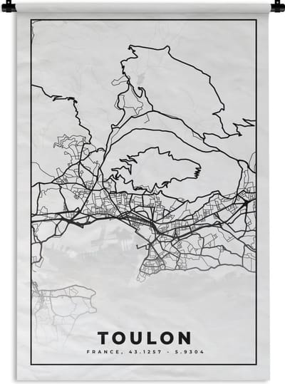 Wandkleed - Wanddoek - Stadskaart - Frankrijk - Toulon - Kaart - Plattegrond - Zwart wit - 120x180 cm - Wandtapijt