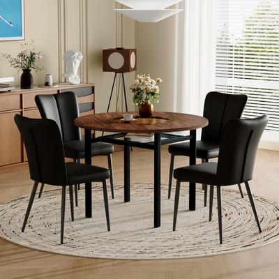 Moderne minimalistische ronde eettafelset (met 4 zwarte PU-stoelen), ronde tafel met een diameter van 100 cm in houtlook, geschikt voor eetkamer en keuken.