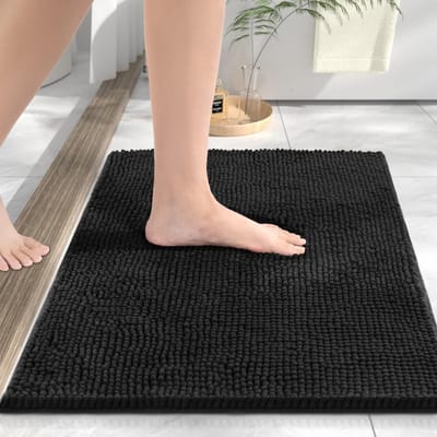 Antislip badkamertapijt, chenille, 40 x 60 cm, zacht en absorberend, machinewasbaar, douchemat voor bad of toilet, zwart