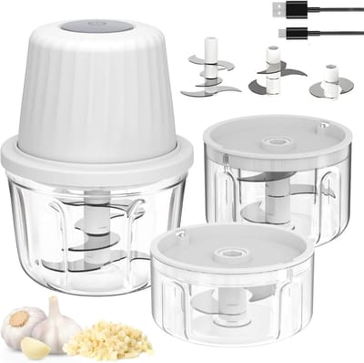 Mini elektrische snoerloze hakmolen met 3 reservoirs (350 ml + 250 ml + 100 ml), USB-oplaadbare groente- en vleeshakmolen.
