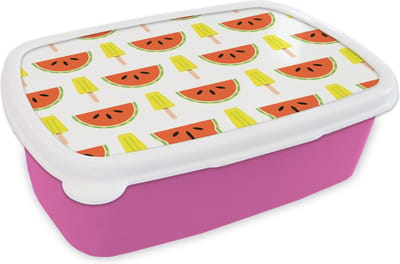 Broodtrommel Roze - Lunchbox - Brooddoos - IJs - Watermeloen - Patronen - Zomer - 18x12x6 cm - Kinderen - Meisje