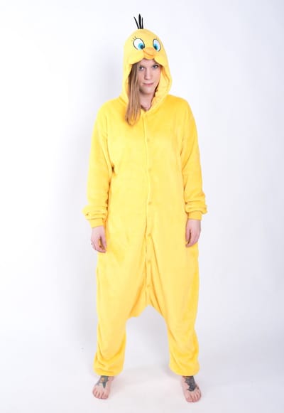 KIMU® Onesie Tweety Pak - Maat XS-S of 152-158 - Gele Vogel Geel Kostuum Jumpsuit Kanarie Pyjama Geel Volwassenen Dames Heren Fleece Overall Huispak Festival