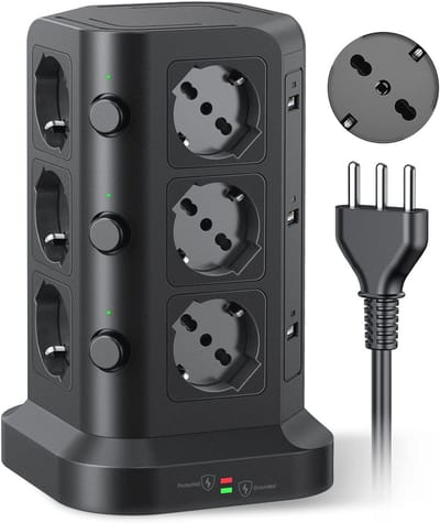 Multistekkerdoos met overspanningsbeveiliging, inbouwstopcontact met 3 schakelaars en 2 meter kabel