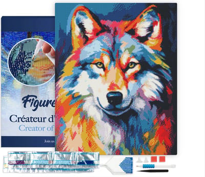 Figured'Art Diamond Painting set Volwassenen 40x50 cm met lijst Kleurrijke Abstracte Wolf - 5D DIY Art full drill vierkante diamant - Canvas al ingelijst