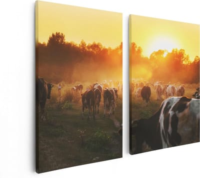 Artaza Canvas Schilderij Tweeluik Kudde Koeien In Weiland Bij Zonsondergang - 80x60 - Foto Op Canvas - Canvas Print