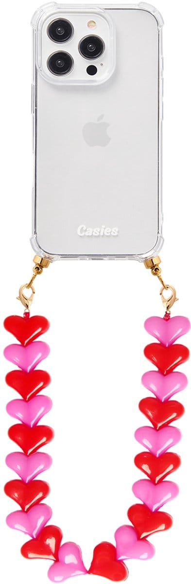 Casies hoesje geschikt voor Apple iPhone 11 met rood roze harten koord - telefoonhoesje met chunky hartenkoord - Transparant - Cord case