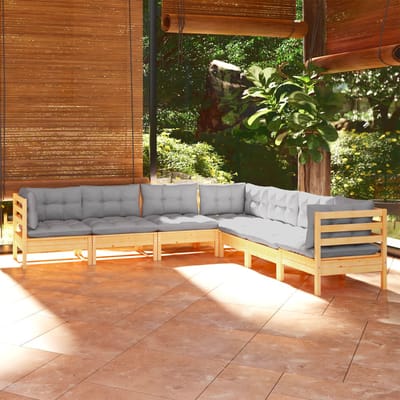 vidaXL - 7-delige - Loungeset - met - grijze - kussens - grenenhout