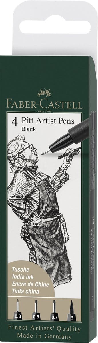 Faber-Castell fineliner - tekenstift - fineliners + brushpen - Pitt Artist Pen - 4-stuks - zwart - FC-167100