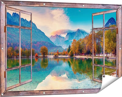Gards Tuinposter Doorkijk Meer - 120x80 cm - Tuindoek - Tuindecoratie - Wanddecoratie buiten - Tuinschilderij