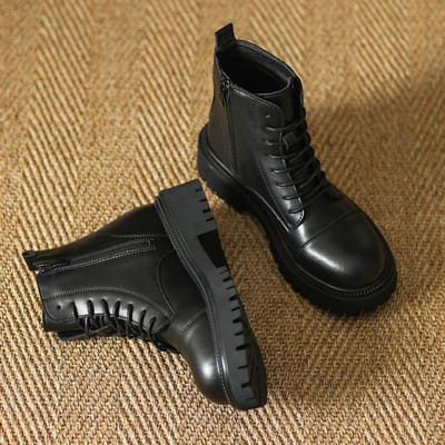 Cuir de Vachette Pleine Fleur ~ Bottes Mi-Plateformes Doublées Polaire pour Femmes en Cuir Véritable Nouvelles Bottines Cheville Style Britannique Amincissantes Fried Street 41 black