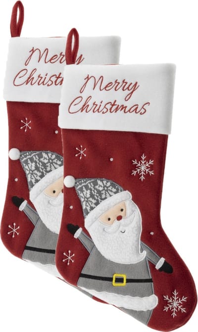 HI Decoratie kerstsokken - 2x - rood - met kerstman - H45 cm - velvet - Merry Christmas