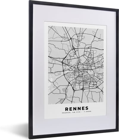 Fotolijst incl. Poster - Kaart - Stadskaart - Frankrijk - Rennes - Plattegrond - 30x40 cm - Posterlijst