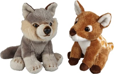 Ravensden - Bosdieren pluche knuffels - 2x stuks - Hertje en Wolf - 15 cm