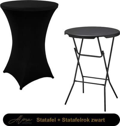 Alora 1x Zwarte Statafel + Zwarte Statafelrok x 1 – ø80 cm x 110 cm hoog - Cocktailtafel - Hoge staan tafel - Breed Blad - Inclusief zwarte Statafelhoes - Staantafelrok Stretch - Bartafel rond - Sta tafel Horeca