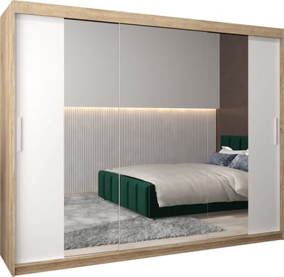 InspireMe - Kledingkast met 3 schuifdeuren, Modern-stijl, Kledingkast met planken (BxHxD): 250x200x62 - TORM II 250 Sonoma Eik + Wit Mat