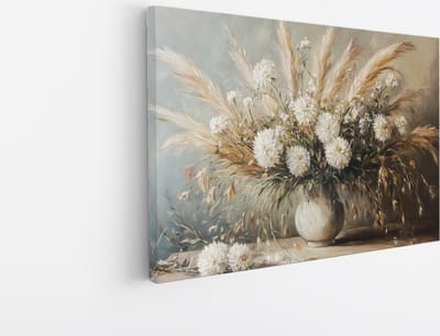 Saammp Canvas Schilderij - Witte bloemen in beige vaas - Natuur - Abstract - 45x30 - Foto op canvas - Wanddecoratie - Muurdecoratie Woonkamer - Woonkamer Decoratie