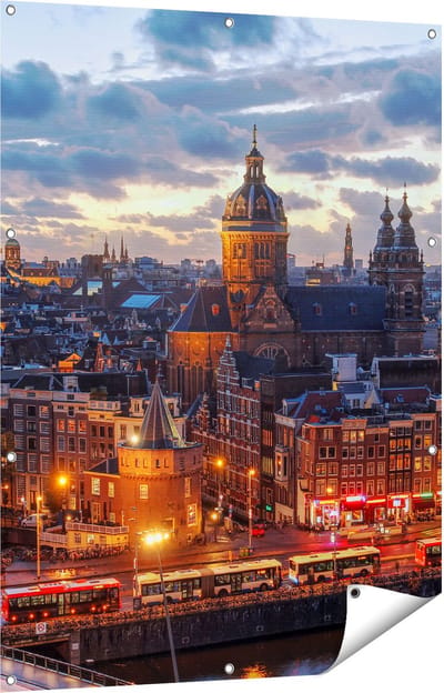 Gards Tuinposter Amsterdam Centrum Luchtfoto Zonsondergang - 90x120 cm - Tuindoek - Tuindecoratie - Wanddecoratie buiten - Tuinschilderij