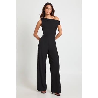 boohoo Dames Linnen Look Jumpsuit Met Asymmetrische Halslijn En Wijde Pijpen | Zwart | Maat: 38