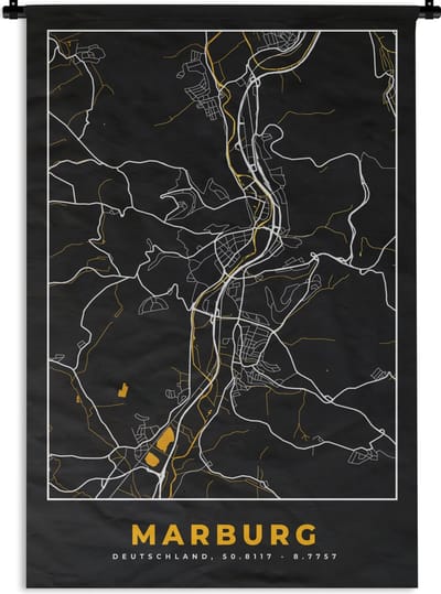 Wandkleed - Wanddoek - Black and Gold – Stadskaart – Marburg – Duitsland – Plattegrond – Kaart - 120x180 cm - Wandtapijt